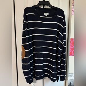 Navy Striped Sweater with Elbow Patches